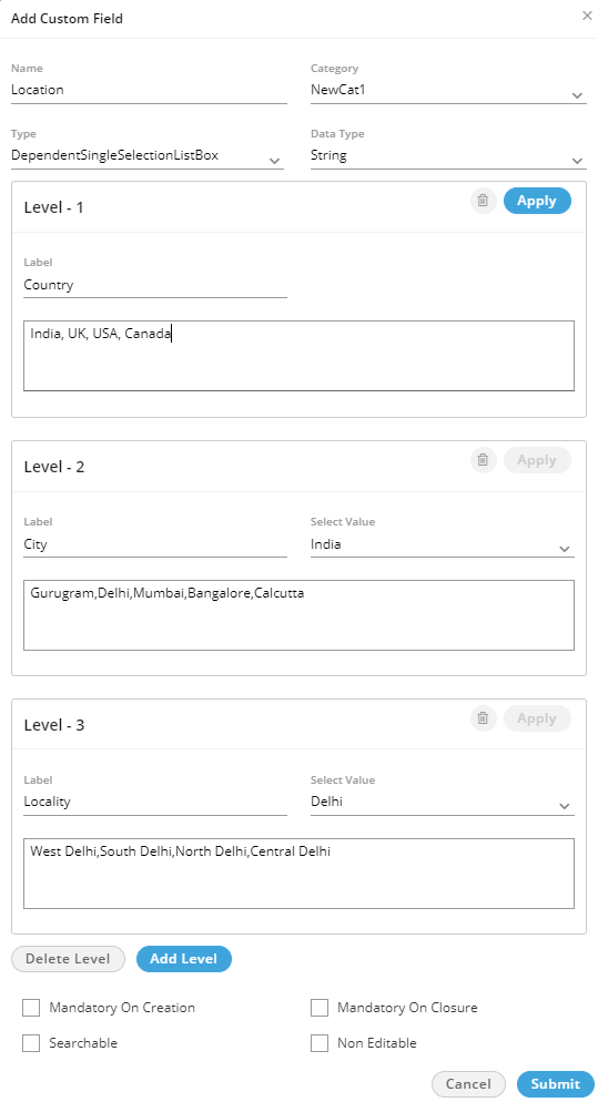 Created Multiple Levels of Dependent Single Lists