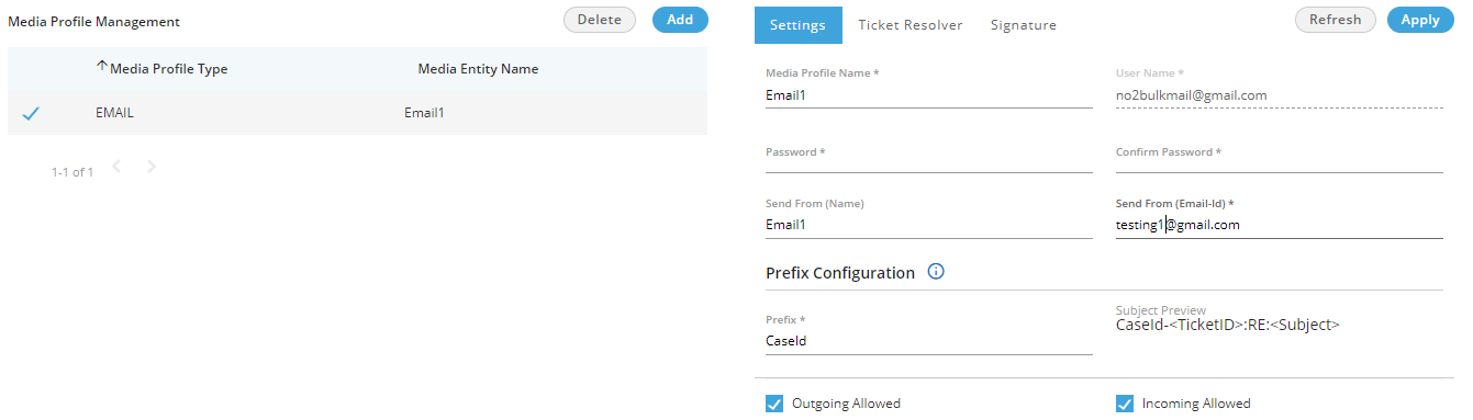 Settings of Email Profile